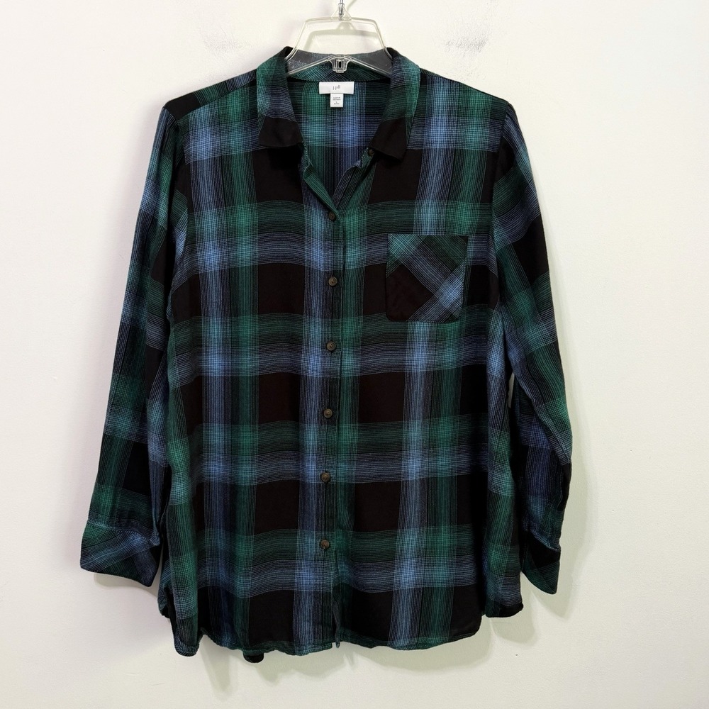 J Jill Plaid Tunic Blouse L Petite Tartan Plaid Green Button Front Soft Casual